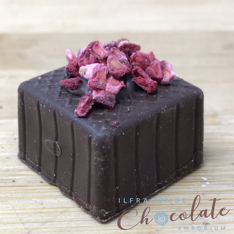 Handmade Dark Chocolate with Raspberry fondant